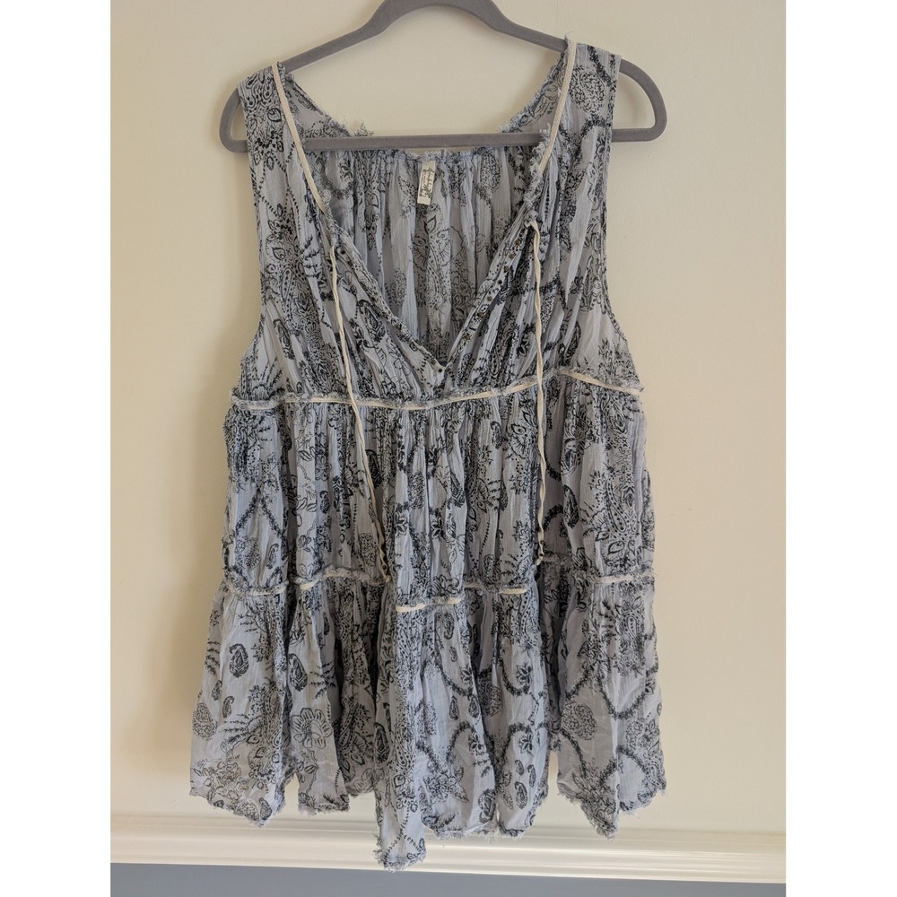 Intimately Free People Sundown Paisley Cotton Tiered Mini Dress Tunic Blue Small